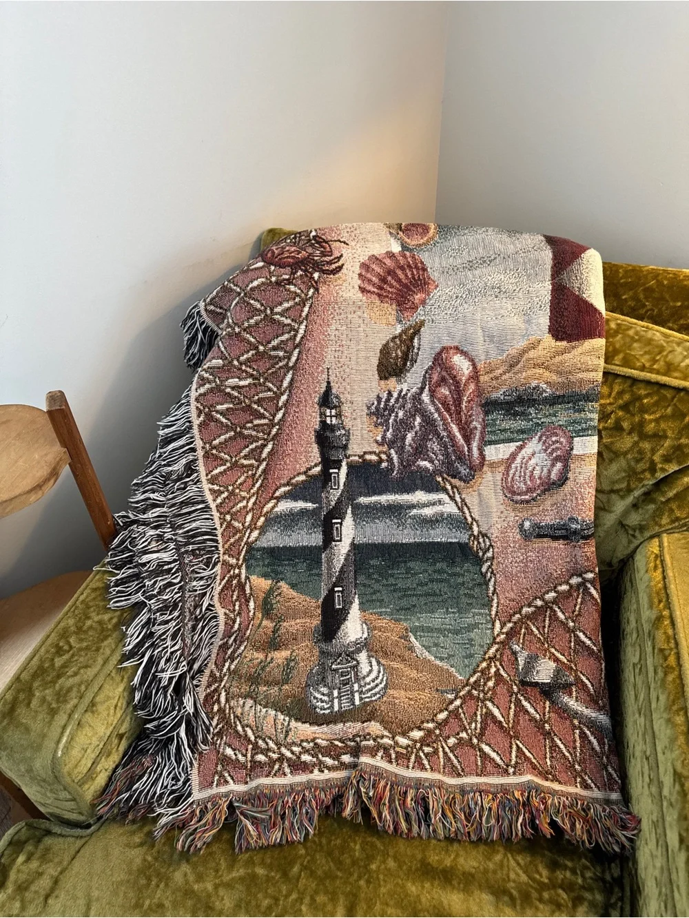 Vintage Lighthouse Tapestry Throw Blanket - Navy, Coral, Cream